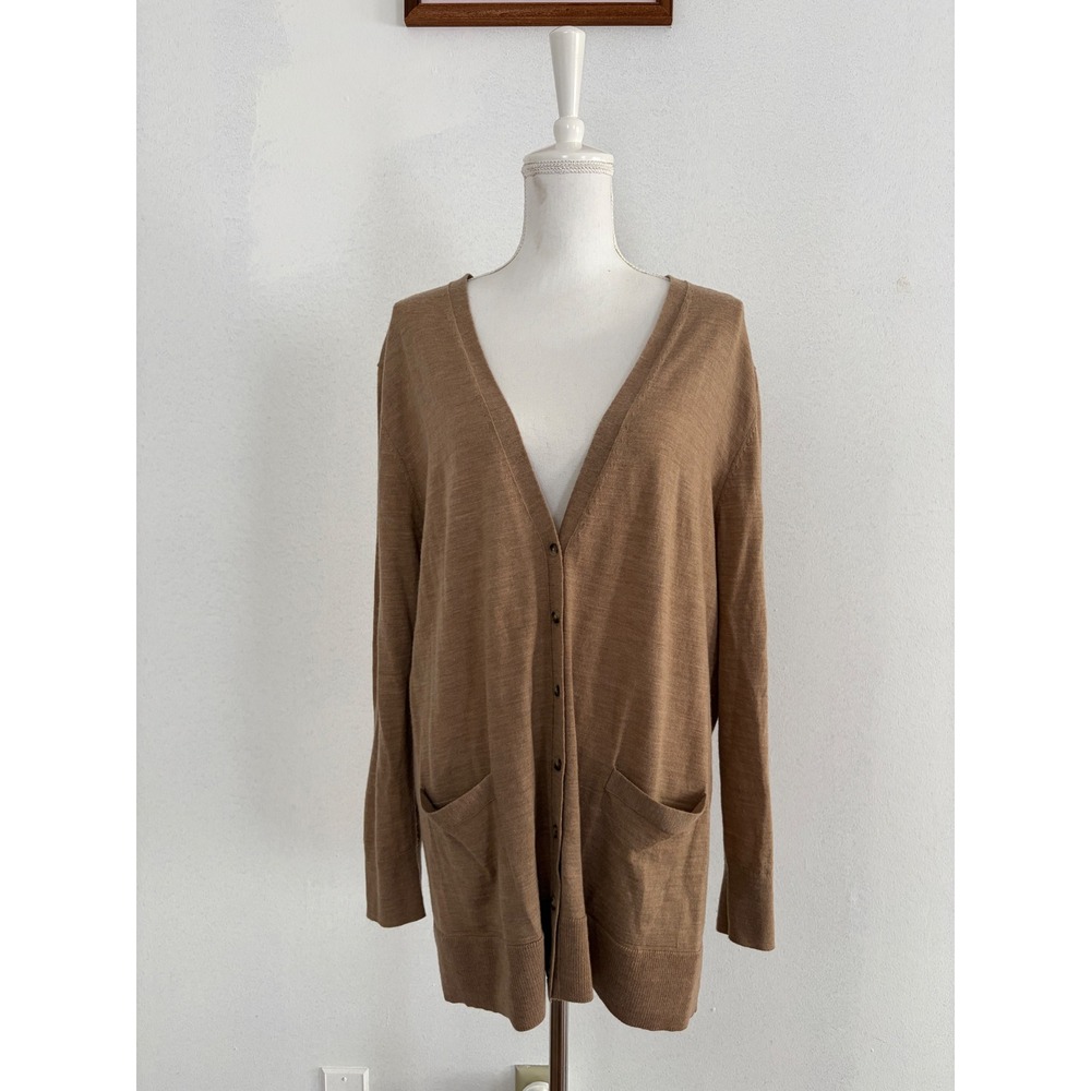Banana Republic 100% Merino Wool Cardigan Sweater Tan Heather XL Longline Pocket